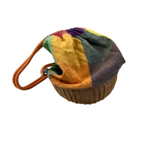 Liz Claiborne Colorful Plaid Drawstring Bag With Wicker Base & Orange Rope Strap - Picture 3 of 9